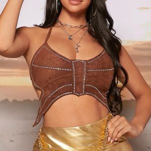 Brown Suede Rhinestone Backless Butterfly Festival Top
